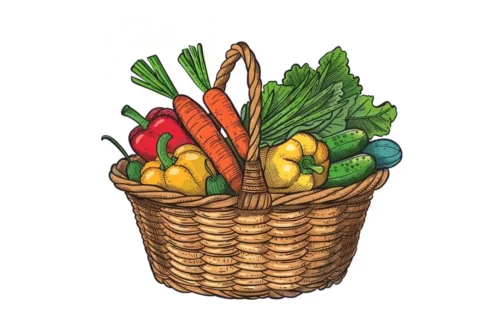 Kosz pełen kolorowych warzyw wyhodowanych w ogrordzie.