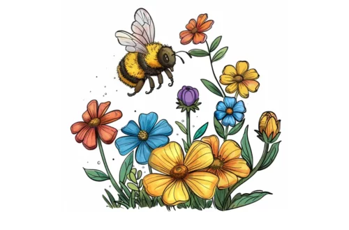 Pszczoła lecąca nad kwiatami w ogrodzie - bajka dla dzieci