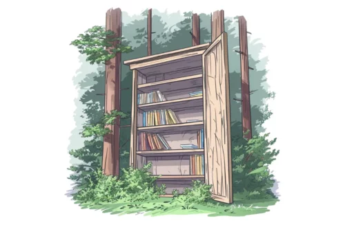 Drewniany regał z książkami stojący w lesie
